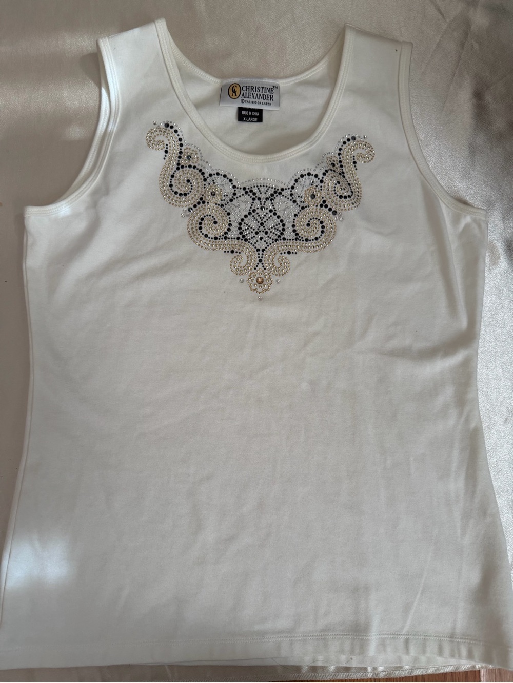 Vintage Christine Alexander White Tank Decorative Rhinestone Embellished Neck XL